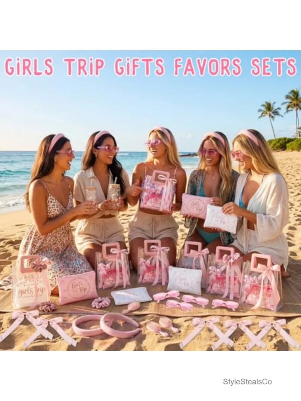 48 Pcs Girls Trip Party Favors Set Clear Tote Bags Glass Cups Hair Accessories